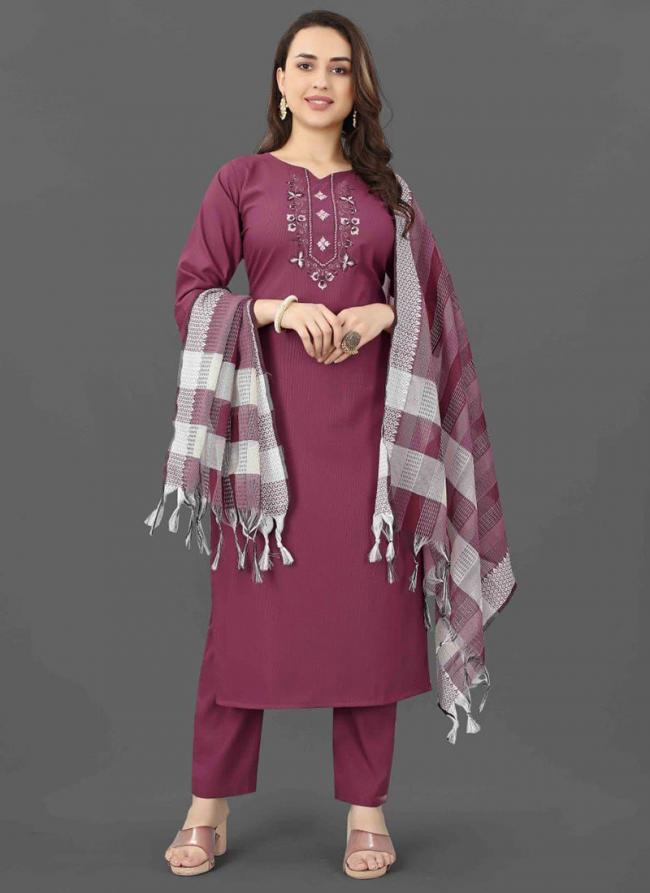 Cotton Blend Pink Traditional Wear Thread Work Readymade Kurti Set